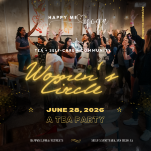 Group of women in a yoga studio cheering with hands up at a 'Women’s Circle' event poster. Neon script reads 'Women’s Circle' with crowd in the background.