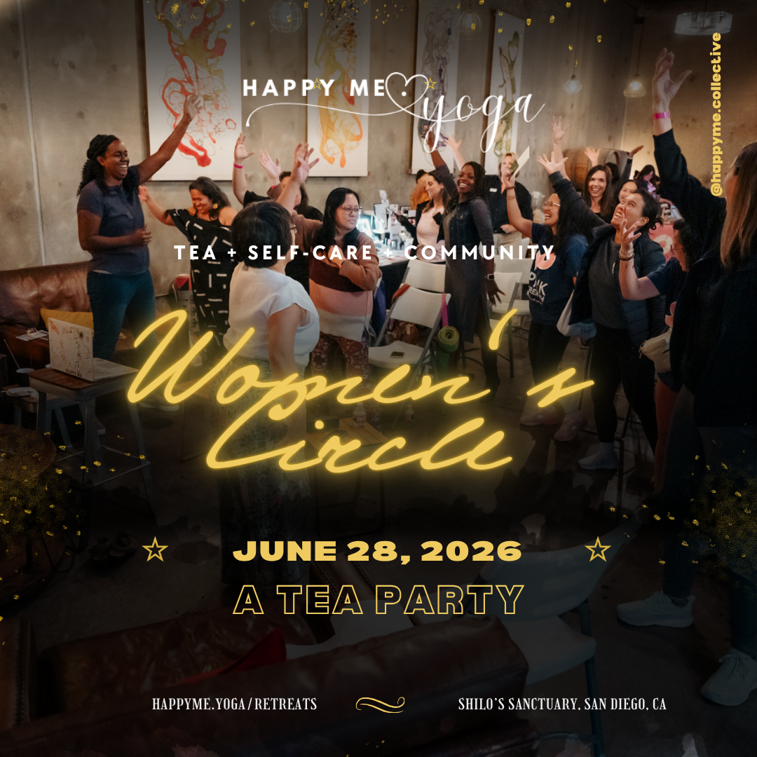 Group of women in a yoga studio cheering with hands up at a 'Women’s Circle' event poster. Neon script reads 'Women’s Circle' with crowd in the background.