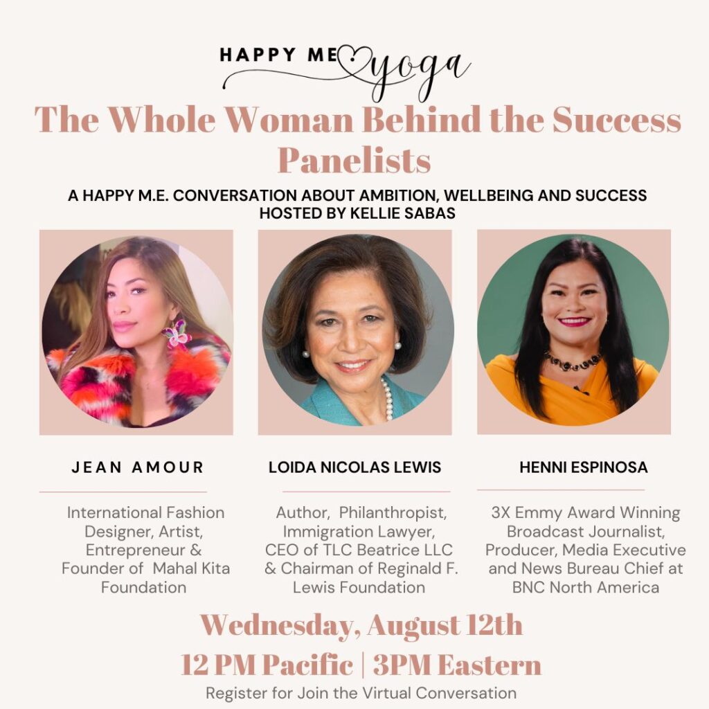 Event poster announcing a panel, featuring three speaker headshots: Jean Amour, Loida Nicolas Lewis, Henni Espinosa on a light peach background.